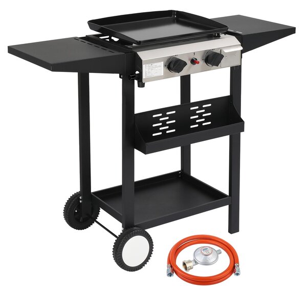 Barbecue a gas FCH con carrello, 2 bruciatori da 5,86 kW, piastra smaltata, termometro integrato e ripiani laterali