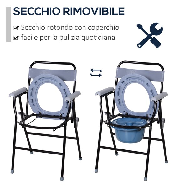 HomCom Sedia WC Pieghevole con Vaso Rimovibile in Tubi di Ferro e Plastica, 52x50x75cm|Aosom