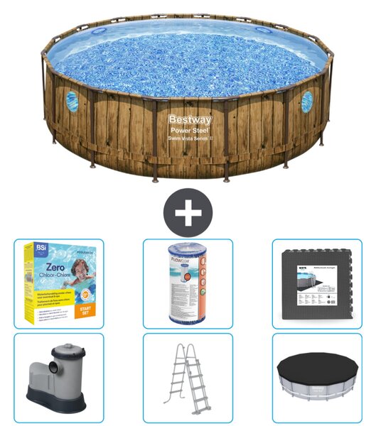 Piscina Bestway Round Power Steel Swim Vista - stampa su legno - 488 x 122 - compresa pompa - scaletta - copertura pacchetto manutenzione - filtro - pavimento in piastrelle