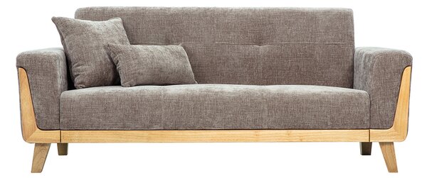 Divano scandinavo a 3 posti in tessuto effetto velluto testurizzato taupe e legno chiaro FJORD