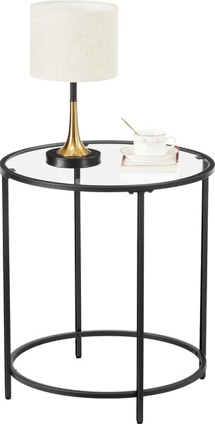 VASAGLE Tavolino rotondo, tavolino, tavolino in vetro temperato con struttura in acciaio, comodino, soggiorno, balcone, nero