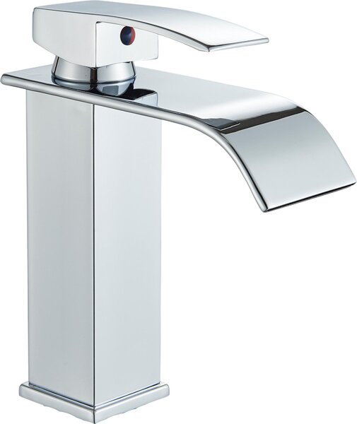 Rubinetto lavabo bagno Ari Waterfall in ottone, cascata moderna, cartuccia Vetroceramica, colore cromato argento