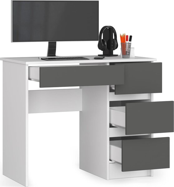 BDW scrivania per ufficio con 4 cassetti, scrivania da gioco, bianco/grigio destro