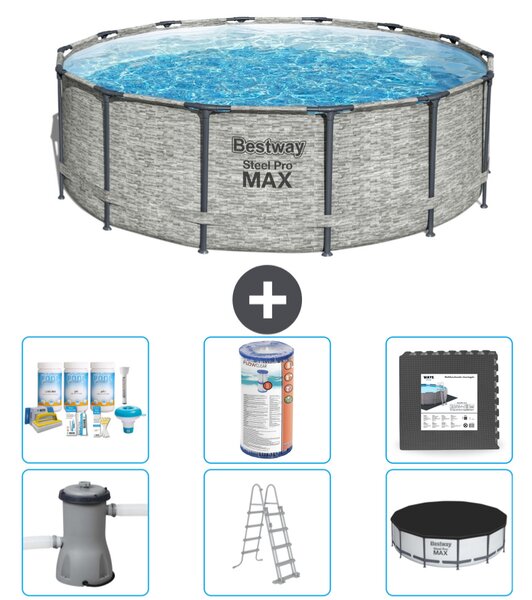 Piscina Bestway Round Steel Pro MAX - stampa su pietra - 427 x 122 cm - inclusa pompa - scala - copertura pacchetto manutenzione - filtro - pavimento in piastrelle