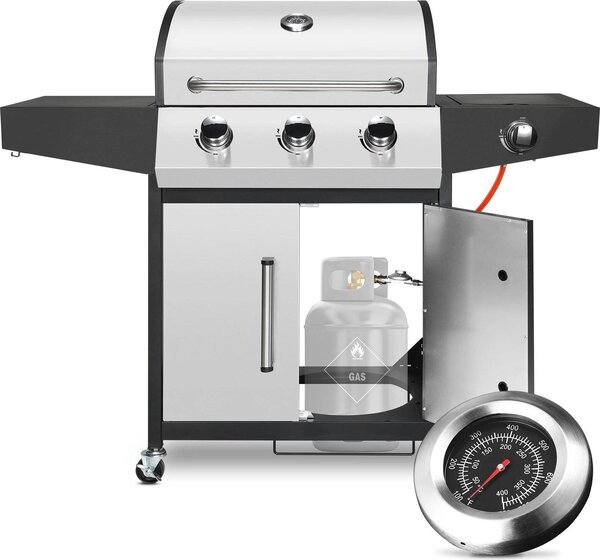 BBQ a gas - 3+1 bruciatori - 24.000 BTU - gas naturale - acciaio inox, smaltato in porcellana - carrello per barbecue con bruciatore laterale e tavolino - argento
