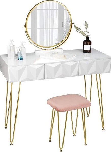 Tavolino da toilette Eugad con sgabello e specchio, girevole a 360 gradi, specchio per il trucco, tavolino da toilette con 3 cassetti, sgabello in velluto imbottito, cassetto con 3D