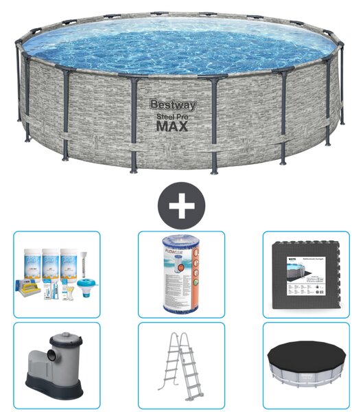 Piscina Bestway Round Steel Pro MAX - stampa su pietra - 488 x 122 cm - inclusa pompa - scala - copertura pacchetto manutenzione - filtro - pavimento in piastrelle