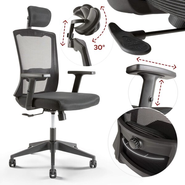 AREBOS Sedia ergonomica per ufficio, sedia da scrivania con poggiatesta regolabile, braccioli, supporto lombare, sedia girevole, adatta alla schiena, 136 kg