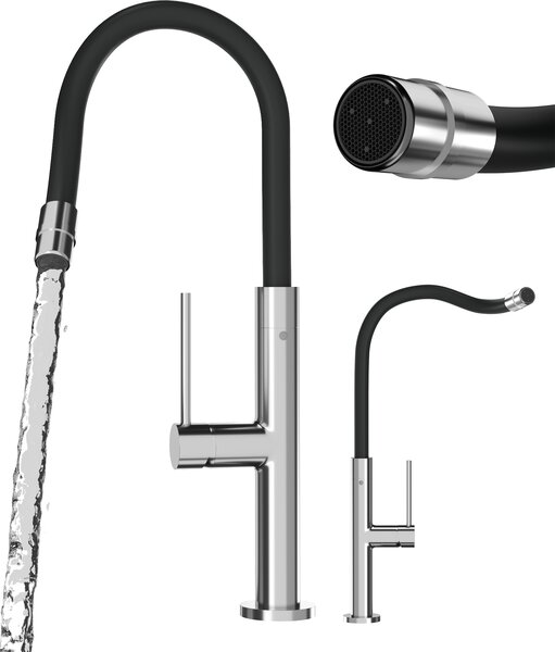 Granitan | Miscelatore da cucina Oti - Argento - Altezza regolabile 38-48 cm - Bocca flessibile - Foro di montaggio standard 35 mm