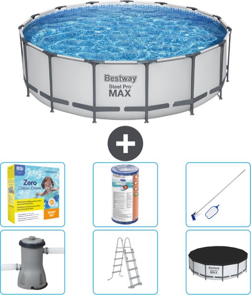 Piscina Bestway Round Steel Pro MAX - 457 x 122 cm - grigio - compresa pompa - scala - copertura pacchetto manutenzione - filtro - kit pulizia
