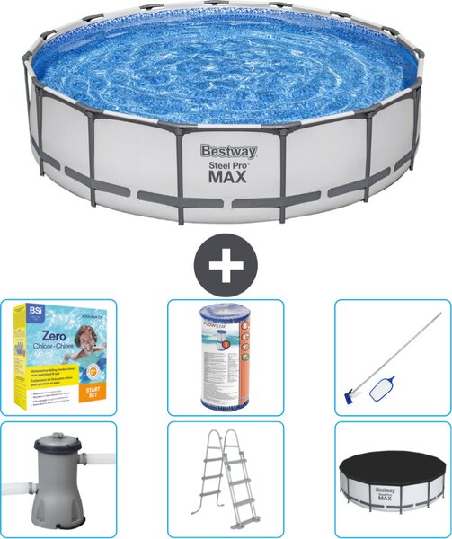 Piscina Bestway Round Steel Pro MAX - 457 x 107 cm - grigio - compresa pompa - scala - copertura pacchetto manutenzione - filtro - kit pulizia