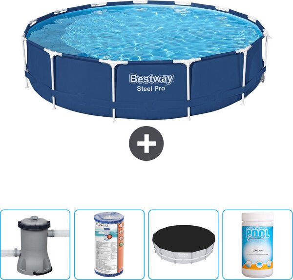 Piscina Bestway Round Steel Pro - 396 x 84 cm - blu - compresa pompa - filtro - copertura - cloro