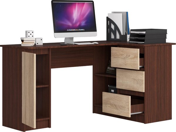 BDW, scrivania angolare destra, 3 cassetti, 4 ripiani, rovere Venga / Sonoma
