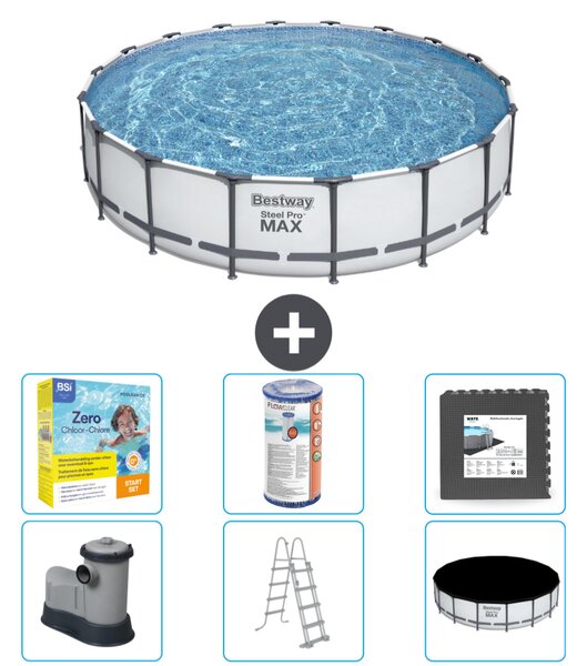 Piscina Bestway Round Steel Pro MAX - 549 x 122 cm - grigio - inclusa pompa - scala - pacchetto manutenzione copertura - filtro - piastrelle per il pavimento