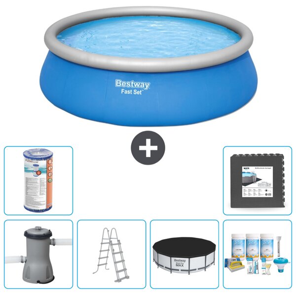 Piscina gonfiabile rotonda Bestway ad ambientazione rapida - 457 x 122 cm - blu - pompa inclusa - copertura a scaletta - pacchetto manutenzione - filtro - piastrelle per il pavimento