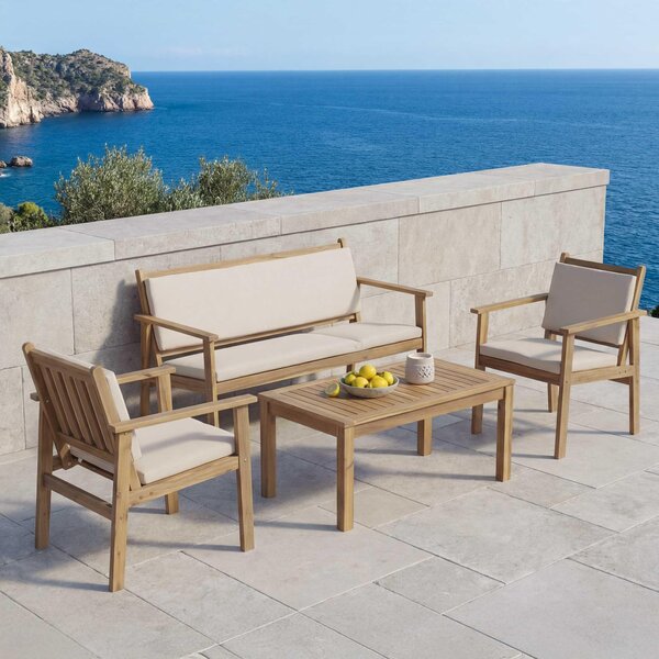Set da giardino MCW-O19, set lounge composto da panca, poltrona e tavolo, legno di acacia MVG tessuto/textile (180 g/m²) ~ cuscini beige
