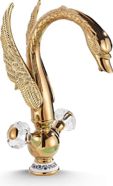 Rubinetto lavabo bagno Ari SWAN, miscelatore monocomando in ottone, aeratore frangigetto, valvola Vetroceramica, oro lucido