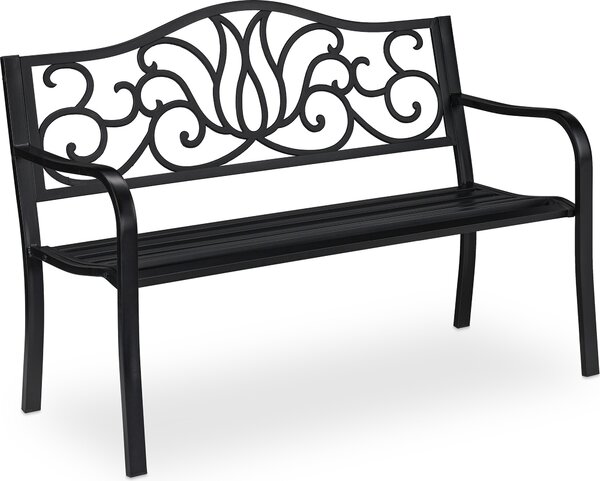 Panchina da giardino Relaxdays in stile antico per 2 persone, per balcone o terrazza, in metallo, dimensioni L 90 x P 127,5 x A 63 cm, acciaio e ghisa, nera