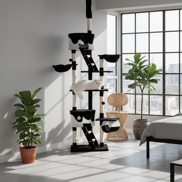 Belviona XXL tiragraffi con tenditore a soffitto, perfetto per il gioco e la cura degli artigli, altezza 230-250 cm, nero/bianco
