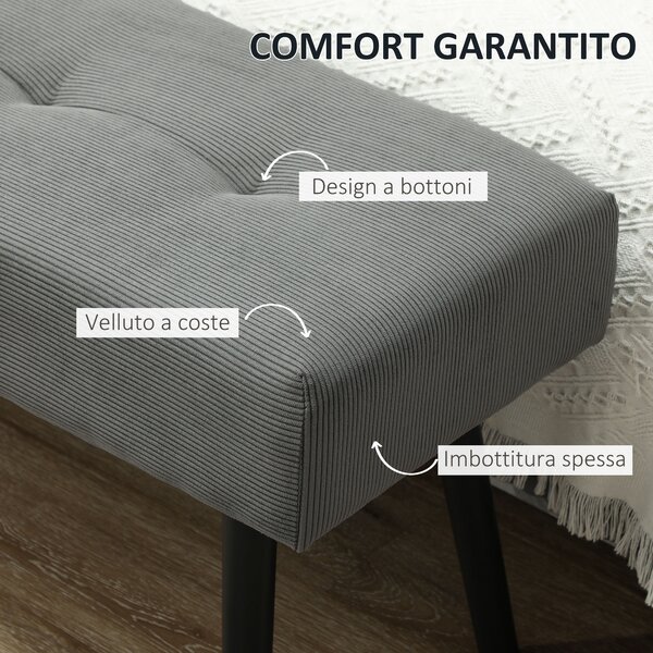 HOMCOM Panca Fondo Letto a Trapunta in Tessuto Effetto Velluto a Coste e Acciaio, 100x36x45 cm, Grigio | Aosom Italy