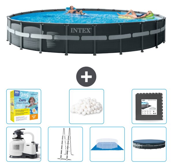 Piscina Intex Round Ultra XTR Frame - 732 x 132 cm - inclusa pompa - scaletta - telo di fondo - confezione di manutenzione della copertura - sfere filtranti - piastrelle per il pavimento