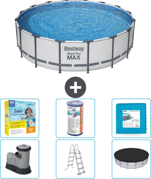 Piscina Bestway Round Steel Pro MAX - 488 x 122 cm - grigio - inclusa pompa - scala - pacchetto manutenzione copertura - filtro - piastrelle per il pavimento