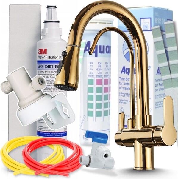 Miscelatore da cucina Ari Nordic a 3 vie, finitura dorata, con filtro per acqua potabile 3M AP2-C405-SG e sistema di filtrazione sottobanco