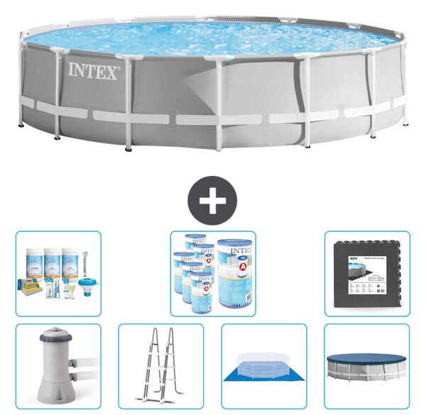 Piscina Intex Round Prism Frame - 427 x 107 cm - Grigio - inclusa pompa - scaletta - telo di fondo - pacchetto di manutenzione della copertura - filtro - piastrelle per il pavimento