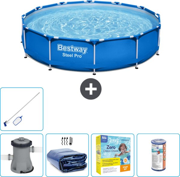 Piscina Bestway Round Steel Pro - 366 x 76 cm - blu - pompa inclusa - tenda - pacchetto manutenzione - filtro - kit pulizia