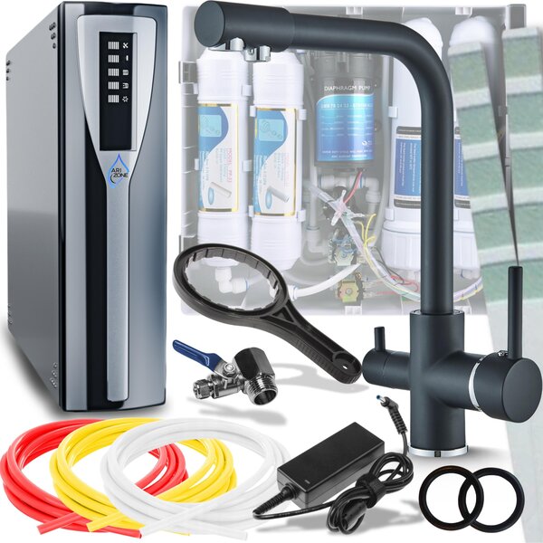 Ari Venom 1 - Miscelatore da cucina a 3 vie, nero cromato, rotazione a 360°, con filtro per acqua a osmosi inversa (RO) e sistema di nanofiltrazione da incasso