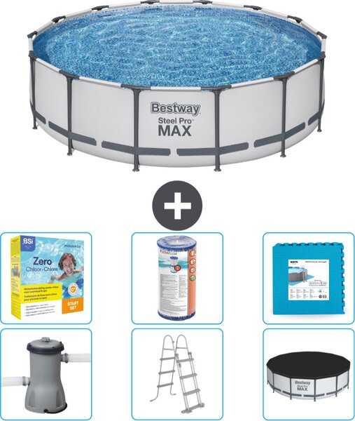 Piscina Bestway Round Steel Pro MAX - 427 x 107 cm - grigio - inclusa pompa - scala - pacchetto manutenzione copertura - filtro - piastrelle per il pavimento