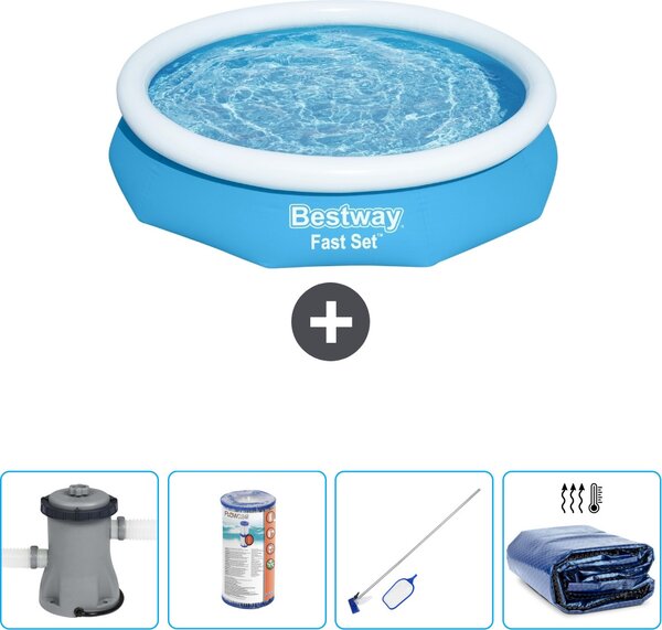 Piscina gonfiabile rotonda Bestway ad ambientazione rapida - 305 x 66 cm - blu - inclusi pompa, filtro, kit di pulizia e tenda da sole