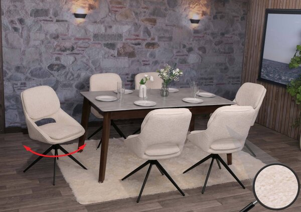 Set di 6 sedie per sala da pranzo HWC-N73, sedia da cucina, girevole a ritorno automatico, tessuto/ceniglia (490g/m²) Oeko-Tex ~ crema-beige