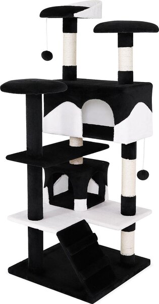 Tiragraffi per gatti lionto, albero tiragraffi e giochi da 130 cm con 2 grotte, scale, 3 aree di riposo e tronchi in sisal, nero/bianco