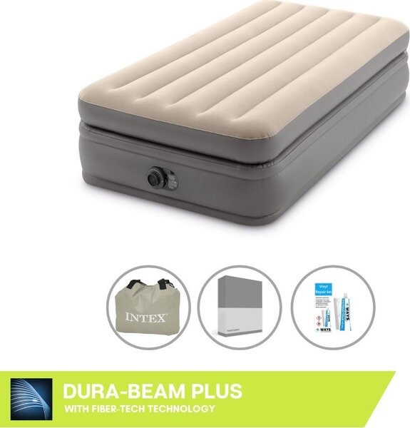 Letto ad aria Intex - 1 persona - 99 x 191 x 51 cm - Grigio - Con pompa incorporata + lenzuola antracite + set di riparazione