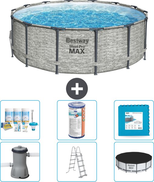 Piscina Bestway Round Steel Pro MAX - stampa su pietra - 427 x 122 cm - inclusa pompa - scala - copertura pacchetto manutenzione - filtro - pavimento in piastrelle