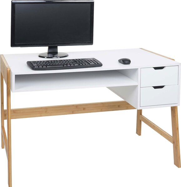 Scrivania MCW-K12, tavolo da ufficio, tavolo per computer, tavolo da lavoro, cassetto, bambù 76x115x58 cm ~ bianco