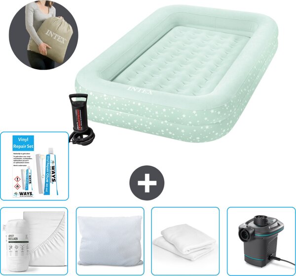 Materasso gonfiabile Intex Kidz - 1 persona - 107 x 168 x 25 cm - Verde menta - Comprensivo di pompa - lenzuolo di montaggio - bacio - pompa - set di riparazione e protezione per cuscino