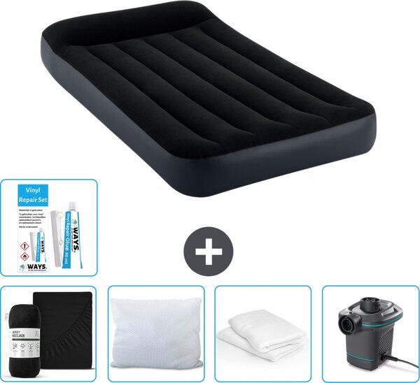 Letto gonfiabile Intex - 1 persona - 99 x 191 x 25 cm - Blu scuro - Consegna inclusa Lenzuolo di ricambio - Bacio - Pompa - Set di riparazione e protezione del cuscino