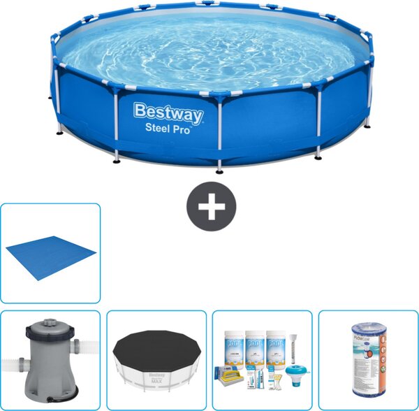 Piscina Bestway Round Steel Pro - 366 x 76 cm - blu - inclusa copertura della pompa - pacchetto manutenzione - filtro - copertura del terreno