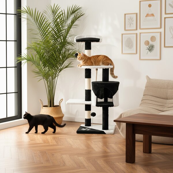 Belviona tiragraffi per gatti, tiragraffi compatto da 112 cm con palline, sisal e grotta di coccole, nero/bianco
