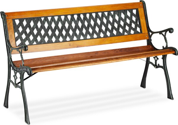 Panchina da giardino Relaxdays, a 2 posti, schienale decorativo, ghisa, montanti in legno, panchina da parco, A x L x P 73 x 125 x 52 cm, naturale