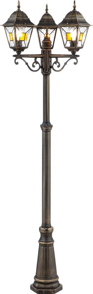 BRILLANTE lampada da terra rustica per esterni JANEL | nero/oro | candelabro a tre fiamme | IP44 | 3x attacco E27 max. 60W | dimmerabile con lampadina adatta | metallo/vetro