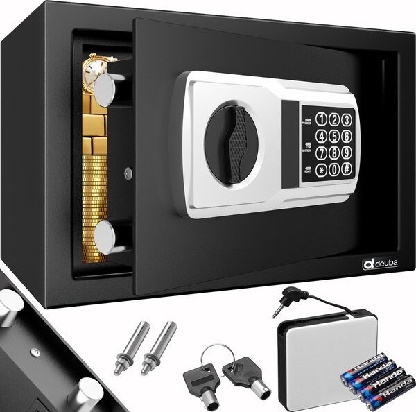 DEUBA® Cassaforte Elettronica con Combinazione 31x20x20cm LED Doppio Bullone in Acciaio Cassetta Sicurezza Nera