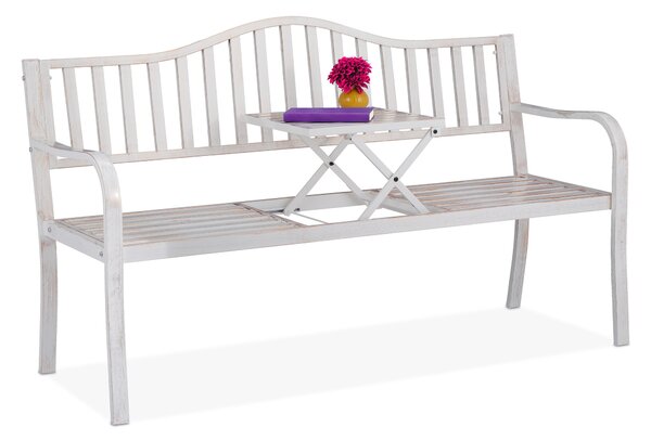 Panchina da giardino Relaxdays con tavolino ribaltabile, 3 posti, da giardino, in metallo, per balcone, L x P x A 89 x 150 x 58,5 cm, bianco-bronzo