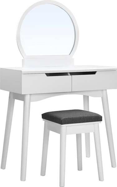 SONGMICS Comodino moderno Girasole, 2 ampi cassetti con binari, toletta con specchio rotondo e sgabello, toletta da toilette