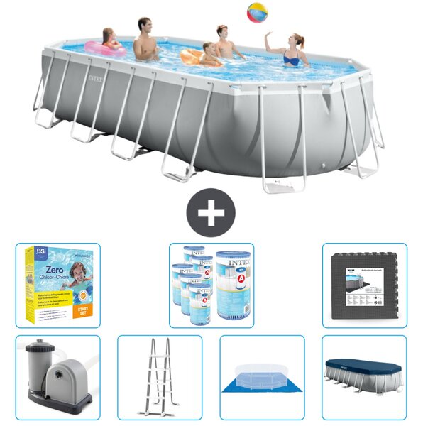 Piscina Intex Oval Prism Frame - 610 x 305 x 122 cm - Grigio - inclusa pompa - scaletta - telo di fondo - pacchetto di manutenzione della copertura - filtro - piastrelle per il pavimento