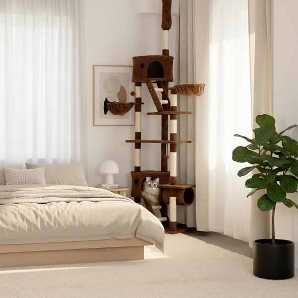 Belviona XXL tiragraffi con tenditore a soffitto, perfetto per il gioco e la cura degli artigli, altezza 230-250 cm, marrone