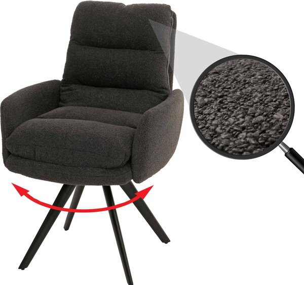 Sedia da pranzo HWC-G66, sedia da cucina, posizione girevole automatica tessuto/tessuto bouclé MVG ~ grigio scuro, con bracciolo