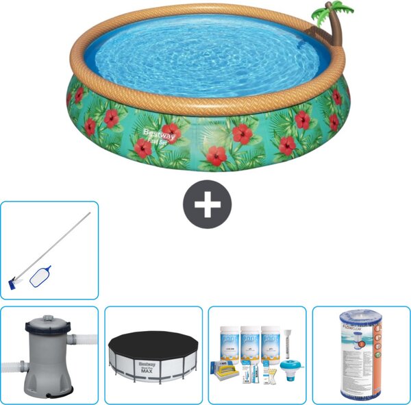 Piscina gonfiabile rotonda Bestway ad ambientazione rapida - Paradise Print - 457 x 84 cm - inclusa copertura della pompa - pacchetto di manutenzione - filtro - kit di pulizia